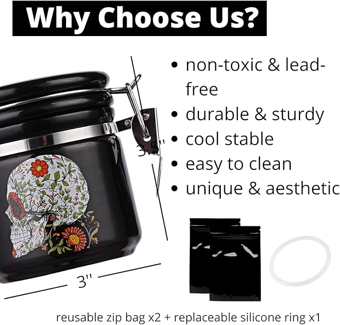 Sugar Skull Stash Jar Half Oz (250ml), Odor Smell Proof Jar Airtight Container Keep Herbs Fresh Storage, Flower Skull Bowl Bottle Holder - Goth Skull Decor Gothic Sugar Skull Gifts for Women -Black
