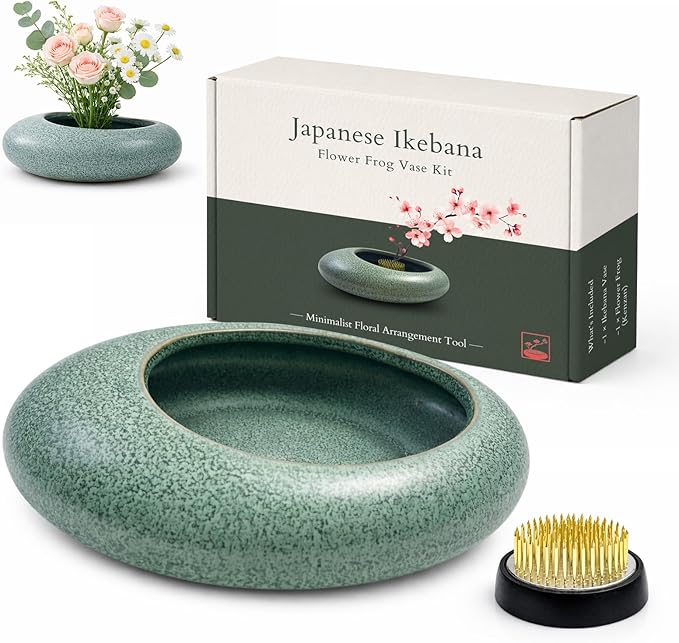 Japanese Flower Frog Vase Set – Japanese Artisan Celadon Glaze Flower Vase with Flower Frog, Modern Flower Arrangement Pot for Living Room Decor & Art Supplies, Gift Box for Flower Lover