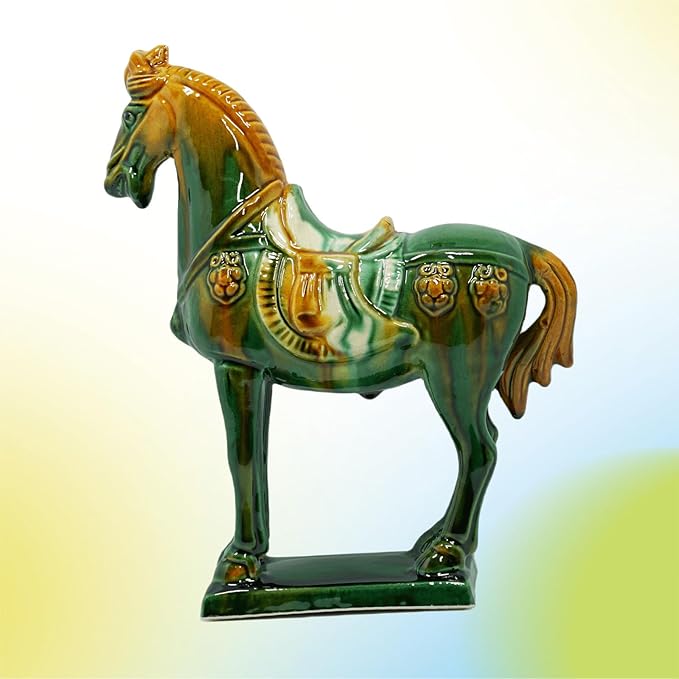 Handmade Tang Dynasty Tri-Color Horse Ceramic Sculpture - 19cm Traditional Chinese Cultural Art Decor - Symbol of Prosperity & Good Fortune - Perfect for Home, Office, Bookcase Shelf (Green)