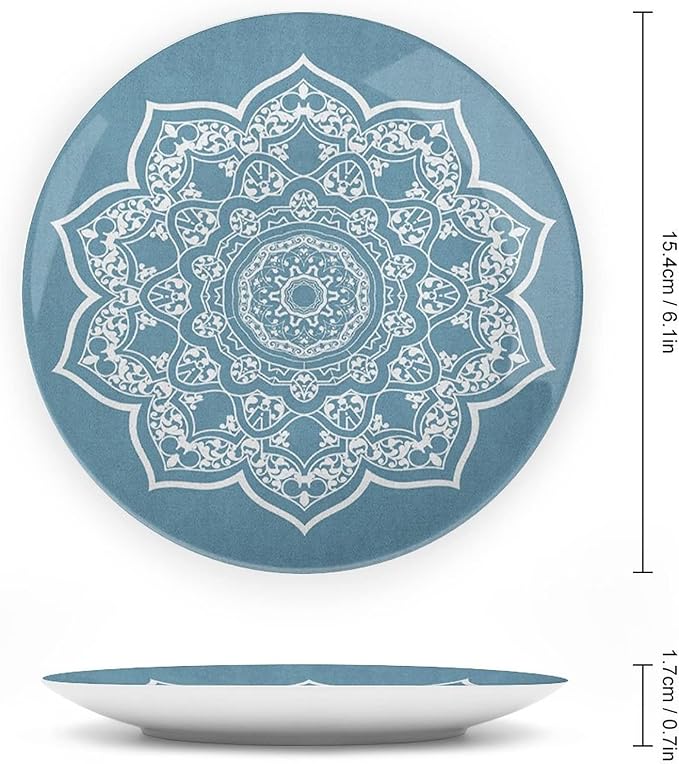 XISUNYA 10 Inch Decorative Plate, Lotus Ceramic Stoneware, Cultural Universe Symbol Floral Mandala with Lace Boho Print Ceramic Wall Hanging for Home & Office Wall Hanging Decor, Slate Blue White