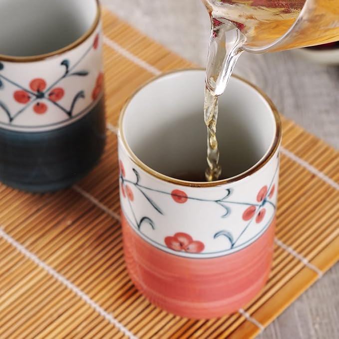 WHJY 10oz Transitional Chinese/Japanese style Handle-less Ceramic Tea cups teacup, Red Flora Pattern Set of 2