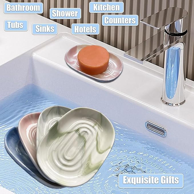 Soap Dish Ceramic, Decorative Ceramic Soap Holder with Unique Marble Textures, Bar Soap Holder for Shower, Bathroom, Kitchen, Tubs, Sink, Hotels, Counters (Green Texture)