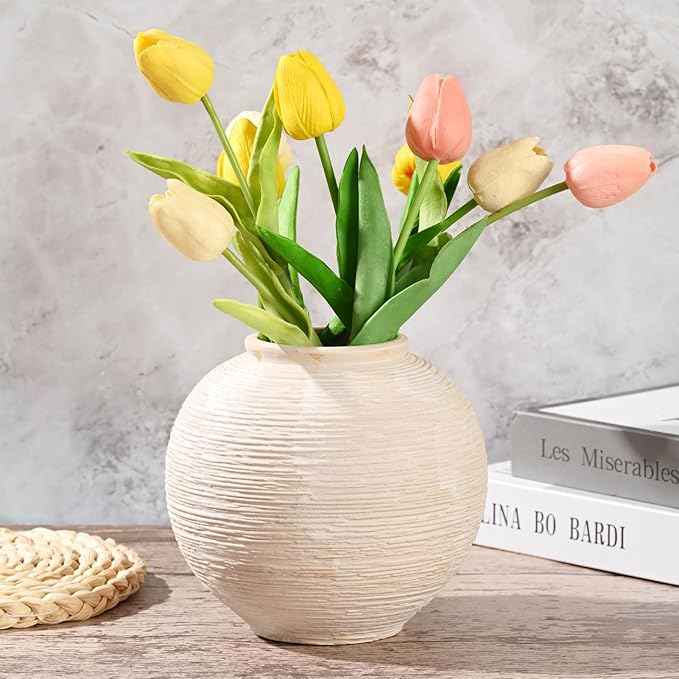 Rustic Farmhouse Vase Home Decor - 6 in Ceramic Boho Decorative Vase for Decor, Round Clay Whitewashed Terracotta Bowl vase for Living Room, Table, Shelf, Centerpieces