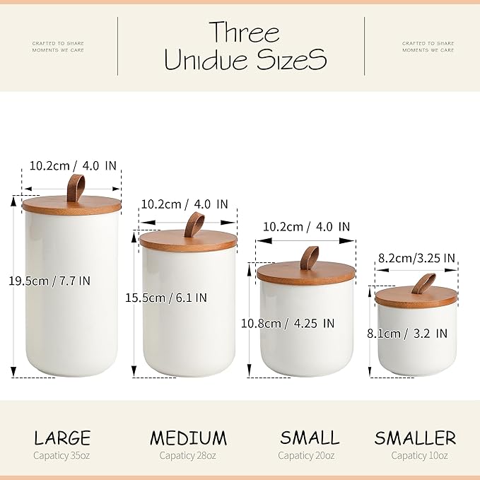 White Ceramic Canister Set with Bamboo Lids, 4-Piece Airtight Food Storage Jars for Kitchen – Flour, Sugar, Coffee, Tea, Spice – Smaller, Small, Medium, Large Sizes
