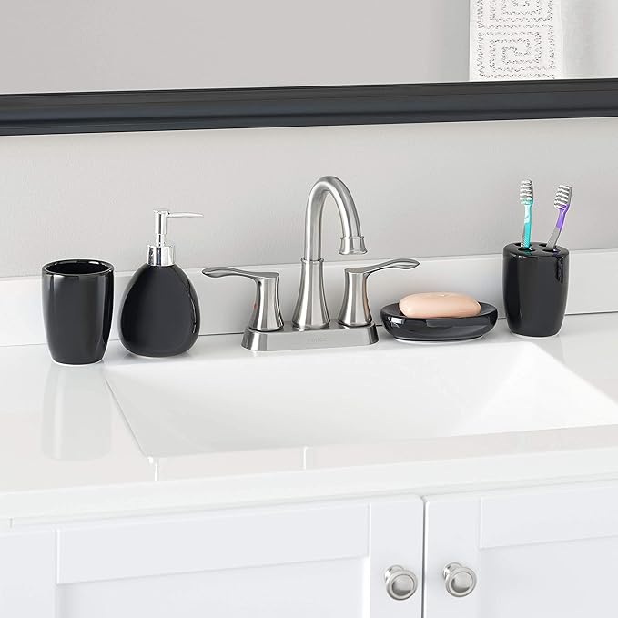 4-Piece Ceramic Bathroom Set (Black), By Home Basics | Contemporary Design Bathroom Accessory Sets | Accessories For Bathroom | Includes Soap Dish, Tumbler, Toothbrush Holder, and Lotion Dispenser