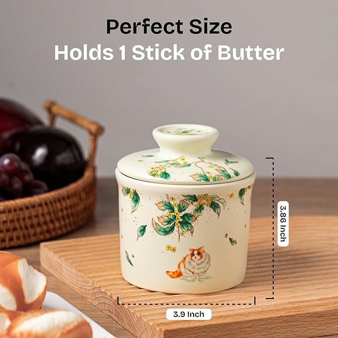 Stoneware Butter Crock with Lid, Ceramic Butter Dish with Water Line, Countertop Butter Keeper, Butter Holder for Countertop, Warm Ivory