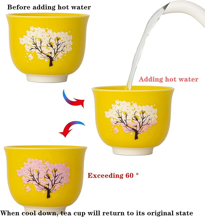 Heat Changing Sensitive Cherry Blossoms Tea Cup, Japanese Style Color Changing Coffee Mug, Unique Magic Coffee Tea Cup for Gift Valentines 4.4 oz/130ml (Yellow)
