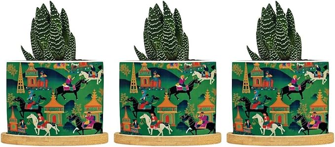 Bright Emerald Green Ceramic Planters Chinoiserie Decor Planters for Outdoor Plants with Drainage Holes and Saucers Pot for Indoor Outdoor Garden