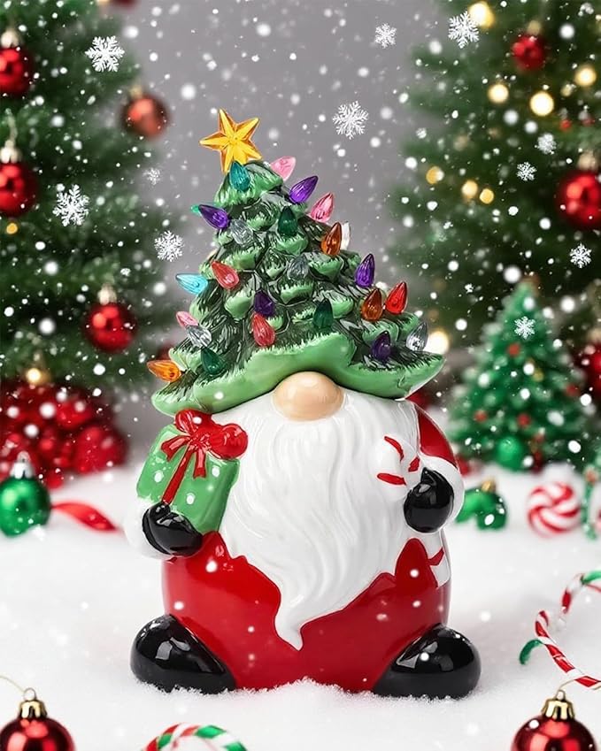 Garvee 13" Battery Powered Ceramic Santa Christmas Tree with 50 Colorful LED Lights, Vintage Tabletop Decor, Holiday Candy Jar for Home, Desk, Office & Gift