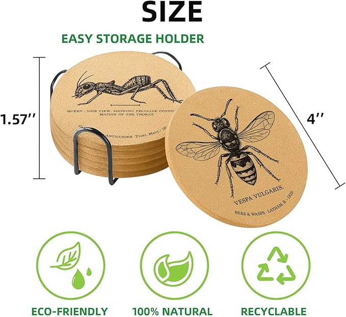 Coasters Insects for Drinks with Holder Set of 6, Butterfly Cork Coaster Absorbent for Cup Entomology Office Desk Table Coasters Kitchen Decor House Warming Gifts for New Home Couples, Round 4"