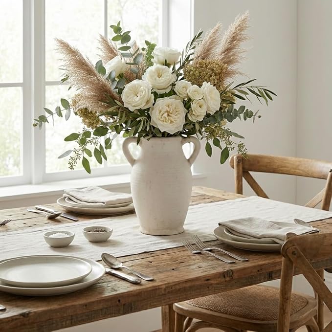 Emotionally Grounded Vase, Vaseking Large Ceramic Rustic Vase with 2 Handles, 9.8 inch Minimalist Decorative Farmhouse Tall Vases for Home Decor, Living Room, Enterway, Table Decoration, Off White