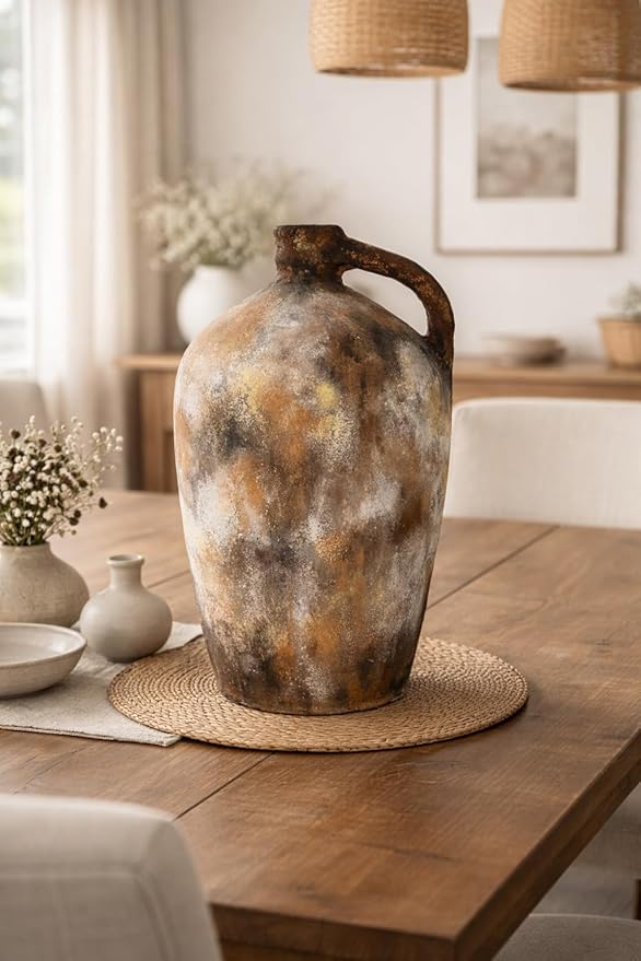 Zorvia Handcrafted 11-Inch Terracotta Jug Vase with Handle – Naturally Pigmented Rustic Earthen Clay Decorative Pot, Artisan Pottery Accent for Farmhouse, Living Room, Bedroom, Shelf & Table Décor