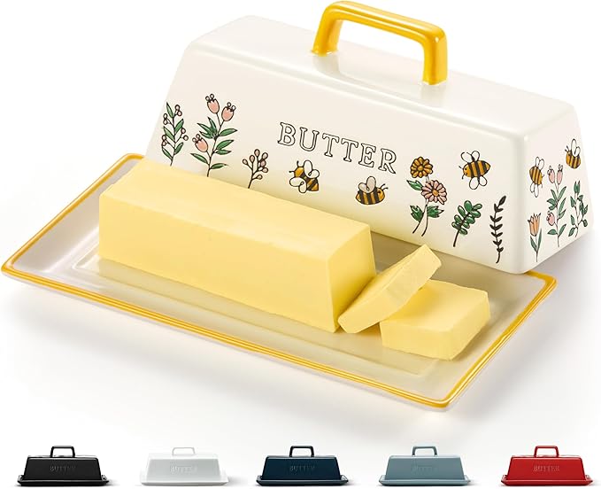 Kook Ceramic Butter Dish with Lid, Kitchen Countertop Butter Keeper, Serving Tray with Cover, Storage Container, Holds 1 Stick, Microwave and Dishwasher Safe, Meadow