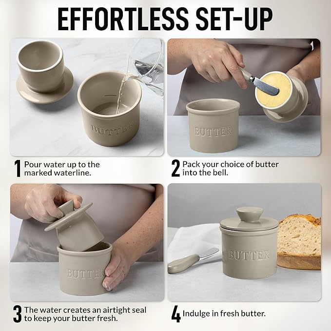 Zulay Kitchen Bell Shaped Butter Crock with Lid for Countertop with Water Line & Spreader Knife, Ceramic French Butter Dish Keeper For Fresh, Soft & Spreadable Butter - Stone Gray