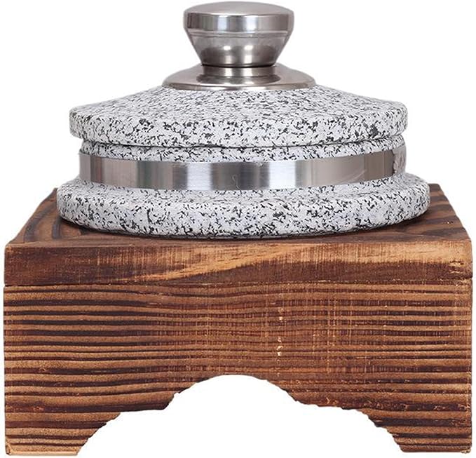 Korean Stone Bowl with Lid, Natural Stone Bowl with Wood Base Thicken Cookware Stone Bowl, Bibimbap Bowl for Korean Soup, Rice and Stew,14cm/5.5inch