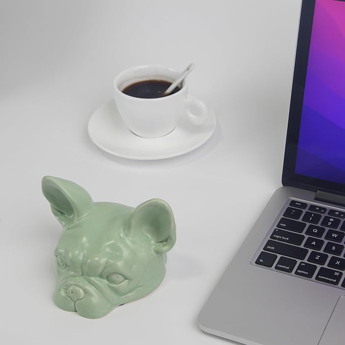 Green Dog Head Statue - Handmade Ceramic Bulldog Figurines for Home Office Decor, Healing Gifts for Dog Lovers (Sage Green, 5.31"×4.72"×3.74")