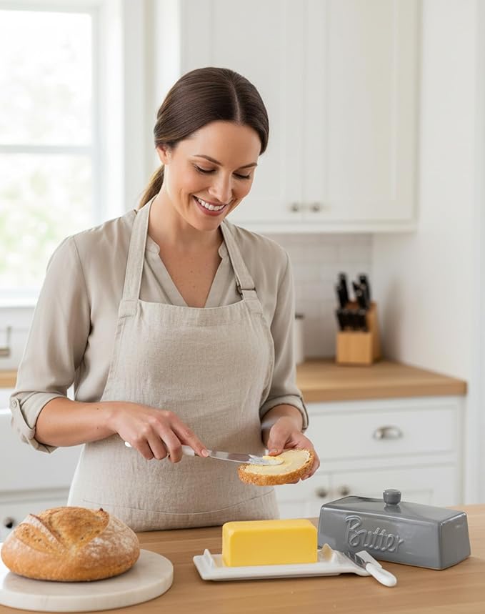 TEATALK Ceramic Butter Dish with Lid and Knife - Large Butter Holder, Farmhouse Style, 8-Inch Porcelain Butter Keeper with Scraper Edge, Grey