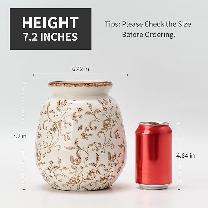 SIDUCAL Ceramic Vintage Pastoral Vase, 7.2 Inch Chinoiserie Floral Vase, Retro Ice Cracked Rustic Farmhouse Vases for Home Decor, Living Room, Bookshelf, Office, Tuscan Decor, Brown Floral