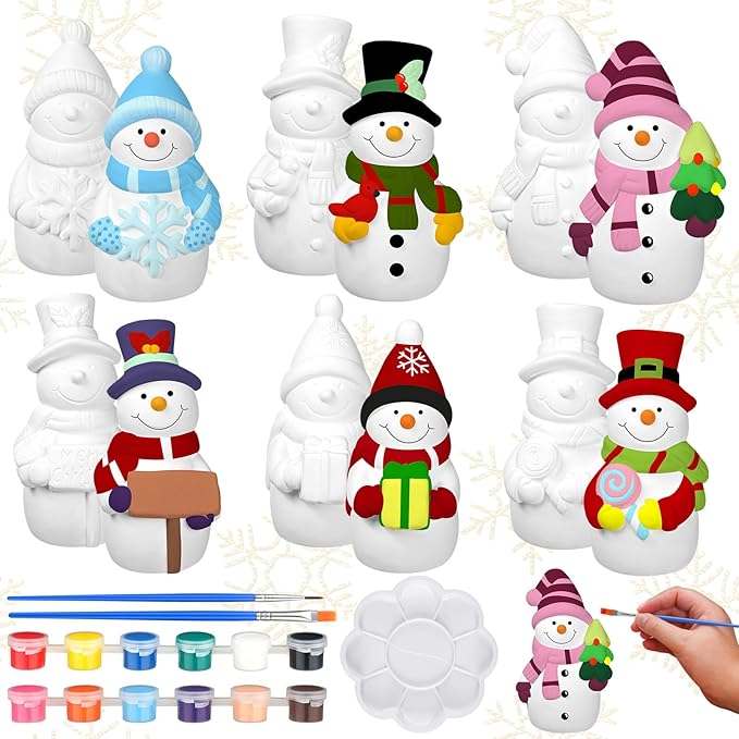 Eersida 6 Sets Winter Ceramics to Paint Ready to Your Own Ceramic Snowman Statues DIY Unpainted Paintable Winter Figurines Kit Crafts with Brush Palette for Christmas DIY