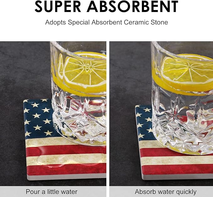 wonlex Ceramic Coasters Absorbent for Drinks, Patriotic Coaster with Cork Base for Coffee Table, Housewarming Gift for Women and Men, Home Decor, 4 Pack (USA Flag)