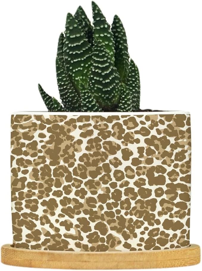 Leopard Brown and White Planter Ceramic African Tribal Animal Print Round Plant Pot with Drainage Holes and Bamboo Tray Pot for Succulents Cactus Garden Windowsill