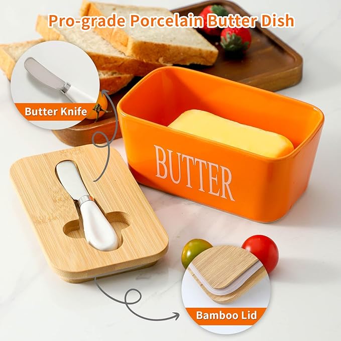 Hasense Porcelain Butter Dish with Bamboo Lid - Covered Butter Dish with Butter Knife for Countertop, Airtight Butter Container with Cover Perfect for East West Coast Butter, Orange
