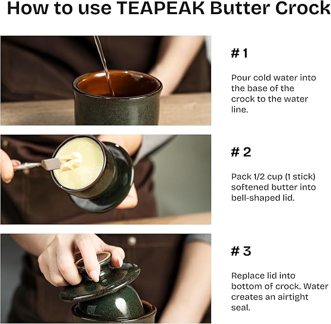 Pottery Butter Crock with Lid, Ceramic Butter Dish with Water Line, Countertop Butter Keeper, Butter Holder for Countertop, Greenish Brown