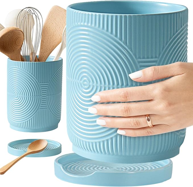 Utensil Holder, 7.2" Kitchen Utensil Holder for Counter, 2-in-1 Ceramic Cooking Utensils Holders with Spoon Rest, Utensil Crock for Spatula, Ideal Housewarming Gift(Blue)