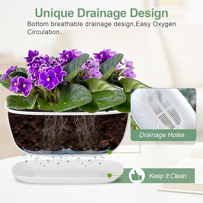 Set of 4 White Oval Shallow Herb Garden Planters with Drainage Holes and Trays (8.66 Inch) Plant Pots for Herbs Basil Orchids Succulents, Modern Herb Garden Planter for Indoor/Outdoor Plants
