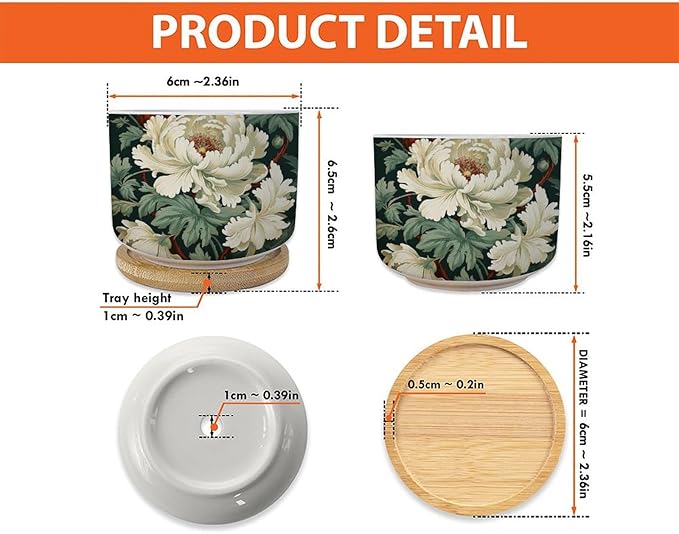 Egg Green and White Floral Small Pot for Flowers Set of 5 White Chinoiserie Flower Ceramics Pots for Plants with Drainage Bamboo Trays Chinoiserie Cactus Planter