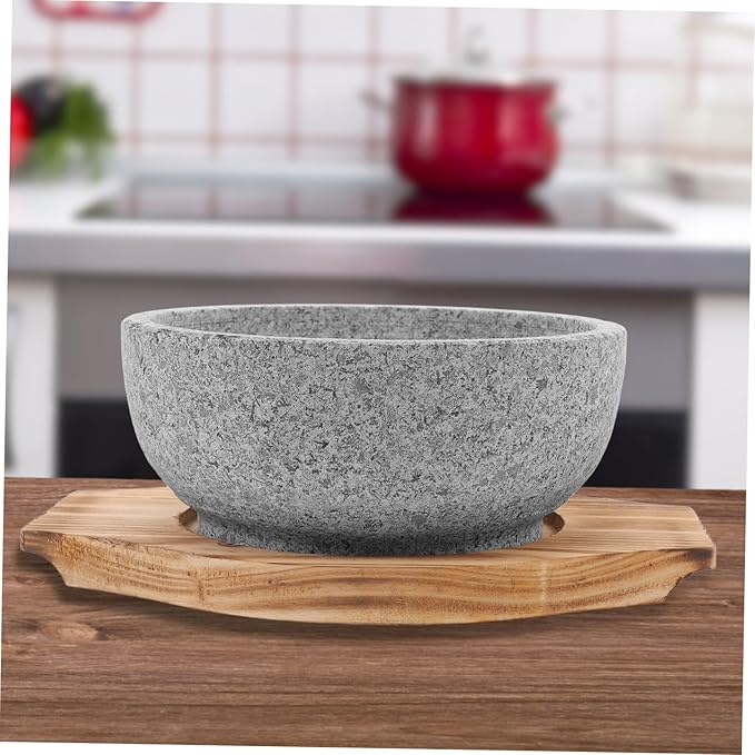 ABOOFAN Bibimbap Bowl Korean Stone Pot Large Bowl Multi-function Serving Portable Rice Natural Stone Carbonized Wood Pad