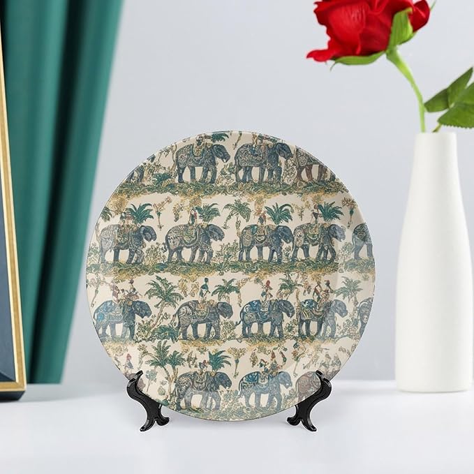 Christmas China Plates for Display South Asian India Elephant Walk Jungle Display Home Supplies Blue And White Plates with Display Stand Custom Gifts for Men Women, 6", 7", 8", 10"