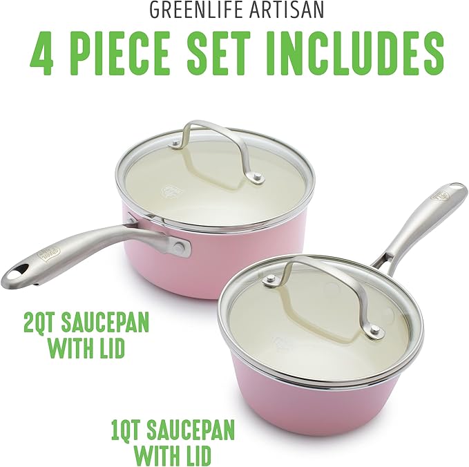 GreenLife Artisan Healthy Ceramic Nonstick, 1QT and 2QT Saucepan Pot Set with Lids, Stainless Steel Handle, Induction, PFAS-Free, Dishwasher Safe, Oven Safe, Pink