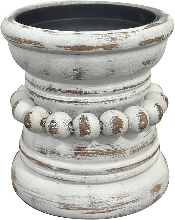 Farmhouse Rustic Wood Pillar Candle Holder, Decorative Beaded Candlestick Holder Stand for Home Décor, Gifts, Wedding (White Wash)