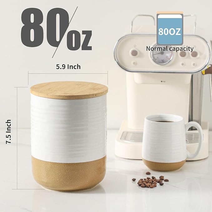 HASENSE 80oz White Ceramic Food Storage Jar with Bamboo Lid – 7.5 Inch Minimalist Kitchen Canister for Pantry, Dry Goods, Sugar, Tea, Flour – Airtight Wide Mouth Container with Natural Base