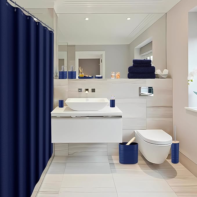 Navy Blue Bathroom Set, Bathroom Accessories Set with Shower Curtain, Bath Towel Set, Blue Shower Curtain Set with Bathroom Trash Can, Soap Dispenser, Soap Dish for Home Decor