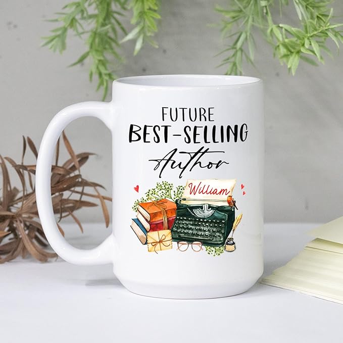 Future Best Author White Coffee Mug 11 Oz 15 Oz, Personalized Selling Author Writer Ceramic Coffee Cup Gifts For Birthday Anniversary, Custom Name Best Future Author Teacup, Typewriter Mug Cup Gift