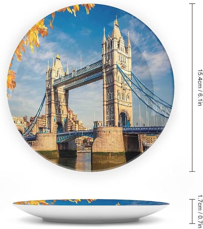 XISUNYA 8 Inch Decorative Plate, London Porcelain Plate, Historical Tower Bridge Mossy Abutments Autumnal Leaves Print Ornament Display Plate Handmade Plate Wedding Gifts, Yellow Blue Ivory