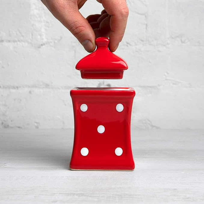 City to Cottage Handmade Small 5.3oz/150ml Ceramic Kitchen Herb, Spice, Storage Jar with Lid, Pottery Canister, Housewarming Gift (Red Polka Dot)