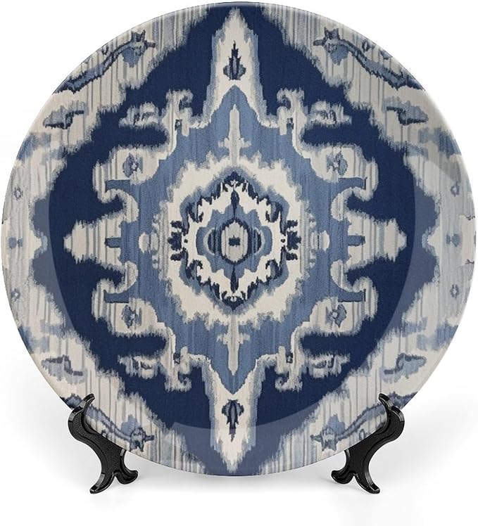 Navy Blue Grey Ikat Plates Ceramic of 6", 7", 9", 10", Custom Wall Decorative Plate, Household Festival Decorations Farmhouse, Including Bracket And Special Hook