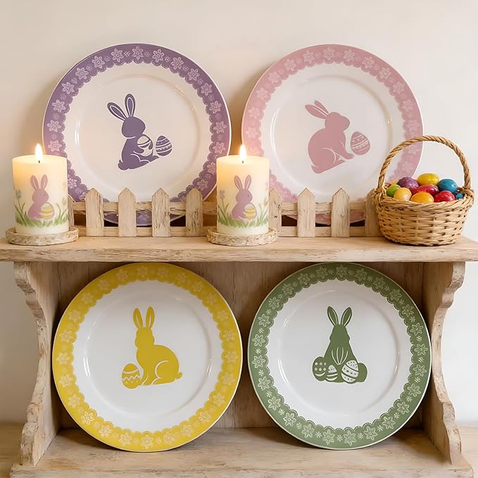 Rtteri 4 Pack 9 In Easter Bunny Ceramic Plate Pastel Spring Ceramic Dessert Plate Rabbit Easter Salad Dishes Dinnerware for Home Brunch Spring Party Kitchen Wedding Decor