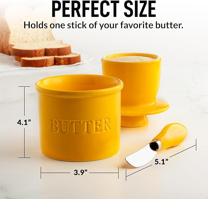 Zulay Kitchen Bell Shaped Butter Crock with Lid for Countertop with Water Line & Spreader Knife, Ceramic French Butter Dish Keeper For Fresh, Soft & Spreadable Butter - Yellow