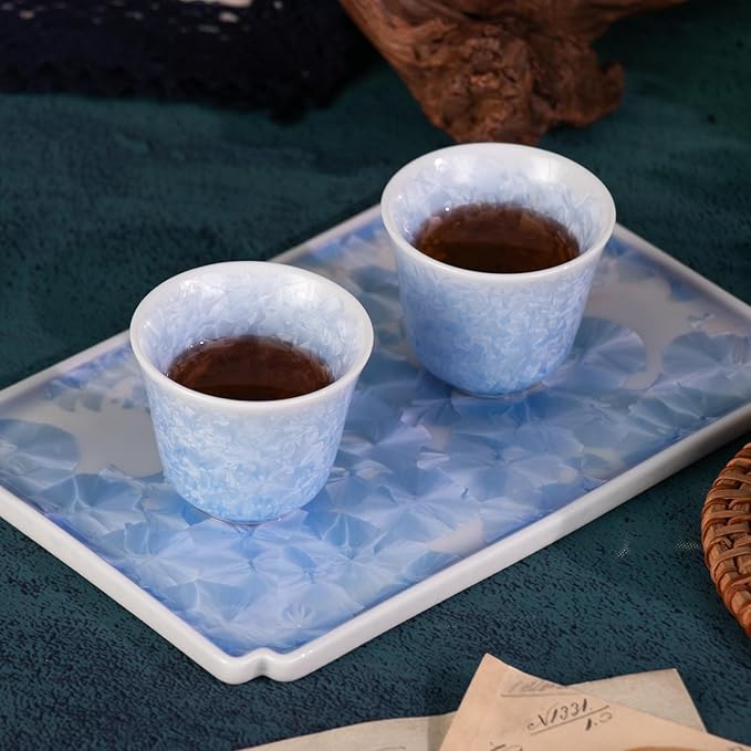 KAMMAK Tea Set for Adults Porcelain Tea Pot and Tea Cups Set,Ice Crystal Blue Japanese Ceramic Tea Cups and Saucers Set, Chinese Gong Fu Tea Set (2 Cups +1 Pear-shaped Teapot + 1 Square Plate)