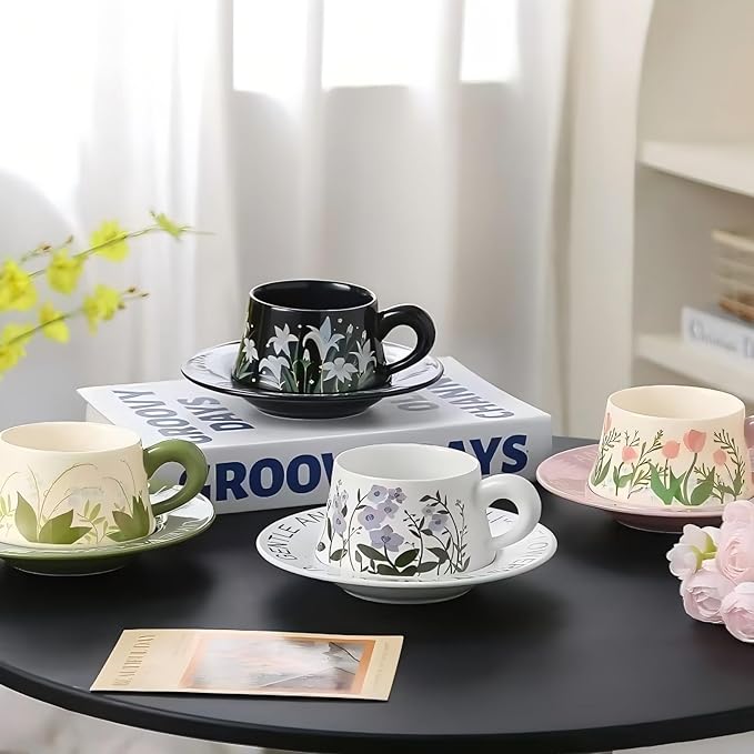 Cute Ceramic Coffee Mug and Saucer Set for Women, Spring Floral Embossed Design, 9.5oz/280ml, Perfect for Home, Office & Holiday Gifts (White Purple Orchid)