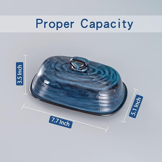 Hasense Butter Dish with Lid, Ceramic Butter Dish with Knife for Countertop with Covered, Large Butter Keeper Handle Design, Blue