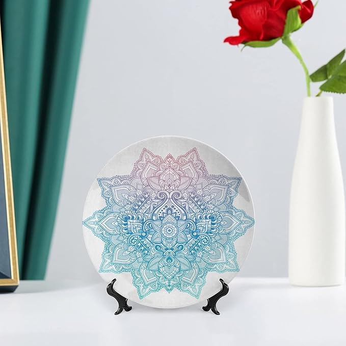 6 Inch Decorative Plate, Lotus Ceramic Plate, Bohemian Tattoo Zen Pastel Toned Mandala Abstract Lotus Print Ornament Display Plate Decor Accessory for Dining, Parties, Wedding, Lilac Pale Blue
