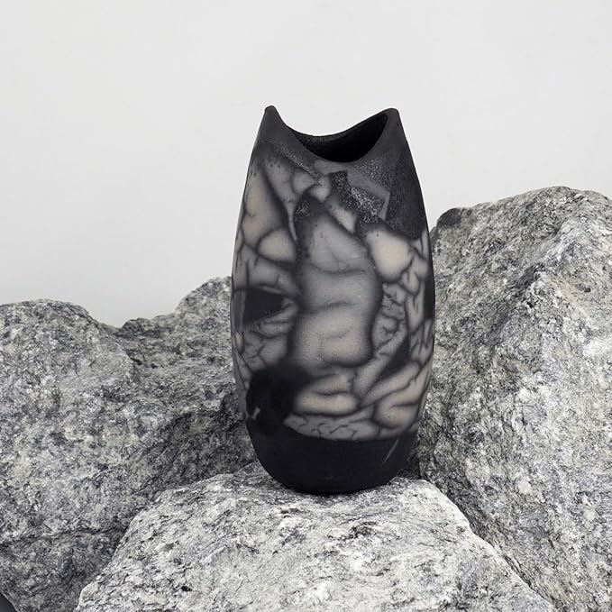 RAAQUU Koi Raku Ceramic Pottery Vase - Handmade Kitchen / Living Table Centerpiece Home Décor / Unique Gift for Her, Mom in Smoked Raku (KOII-SR)