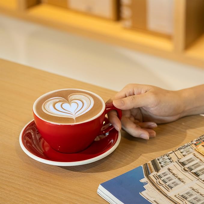 Loveramics Latte Art Mug with Saucer, 10 oz Ceramic Coffee cups with Round Bottom for Latte, Cappuccino, Tea, Espresso, Thick-walled Stoneware Cup Set for Barista - Regular Colours (Red, 10OZ)