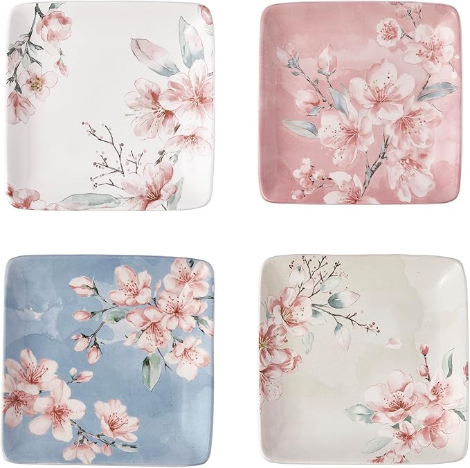 Bico Spring Sakura 6 inch Ceramic Square Appetizer Plates Set, Set of 4, Microwave & Dishwasher Safe, for Salad, Tapas