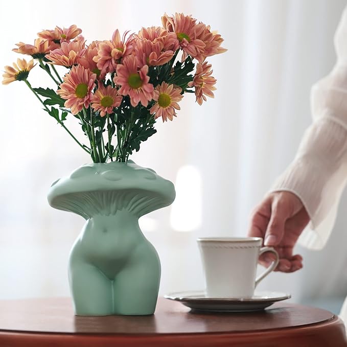 GUGUGO Mushroom Female Body Vase for Decor,Quirky Unique Cute and Funny Boho Decor for Home and Bathroom,Mushroom Butt Vase for Flower,Modern Home Aesthetics for Decorating, White